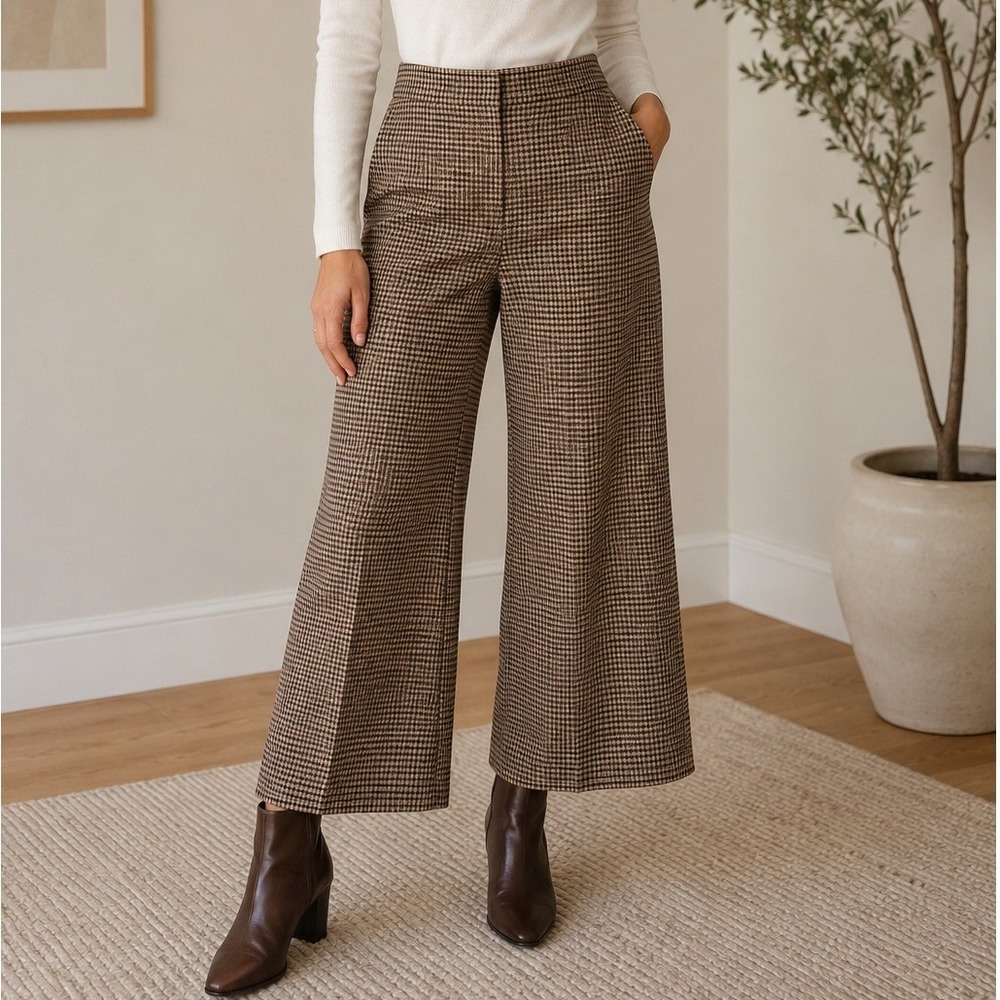 Rebecca Taylor Wool Houndstooth Wide Leg Ankle Trousers 6 Black Brown NWOT